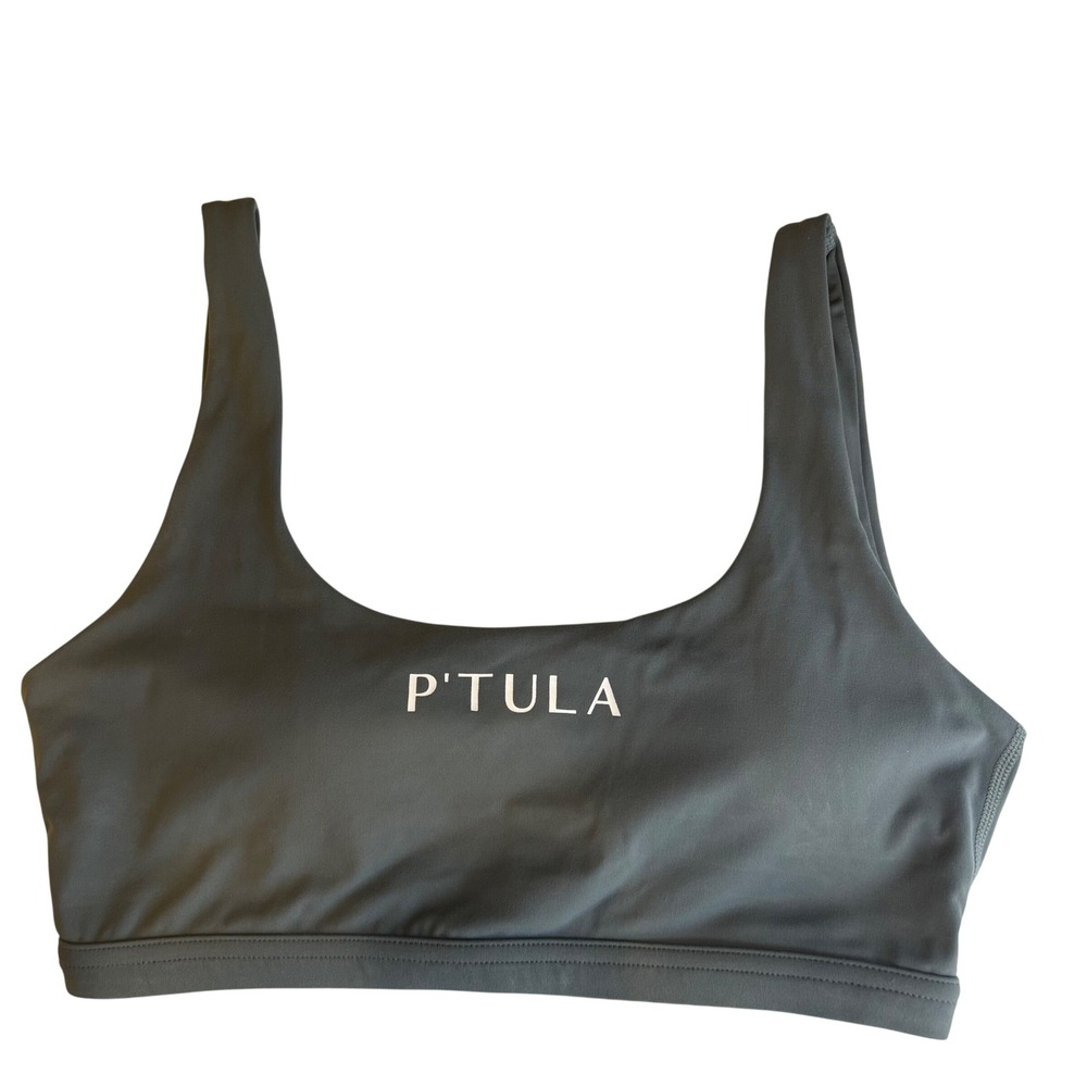 P'Tula Women Charcoal Grey Logo Sports Bra Medium Nylon Lycra Activewear Tank